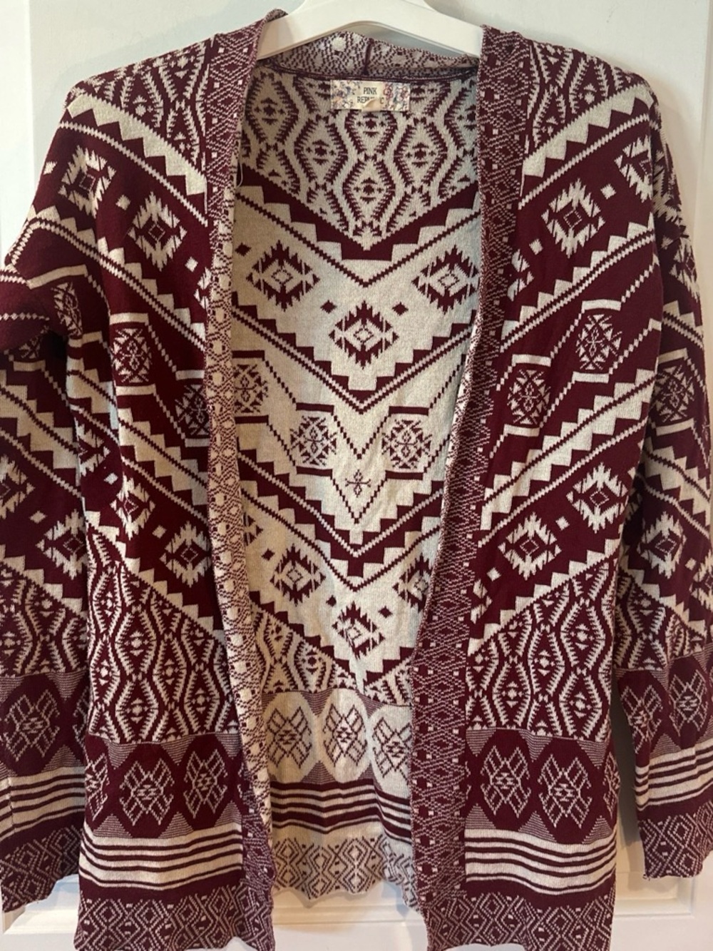 Pink Republic Burgundy and Cream Geometric Open Cardigan
